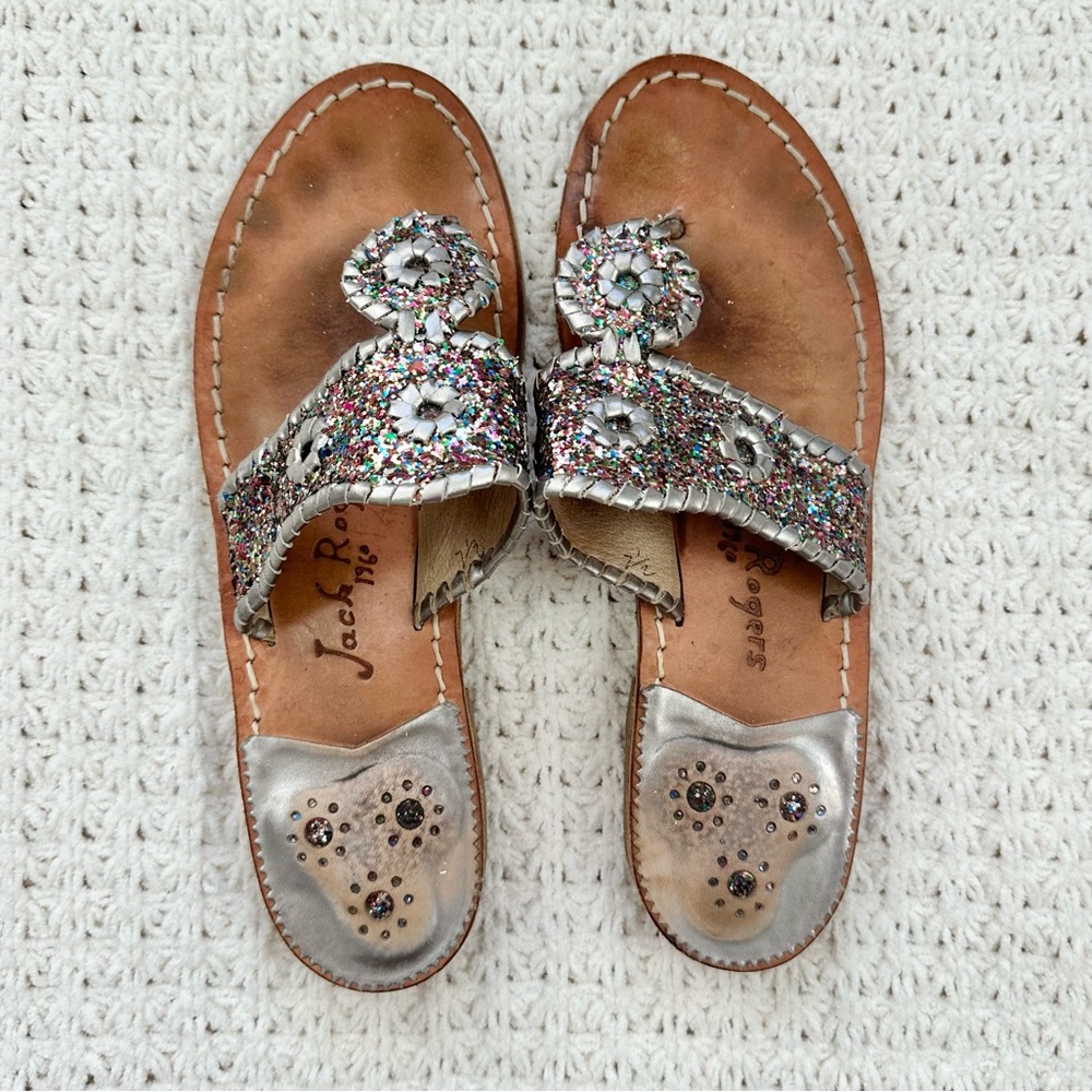 Jack Rogers Silver and Rainbow Glitter Sandals, Women's Preppy Sandals 7.5